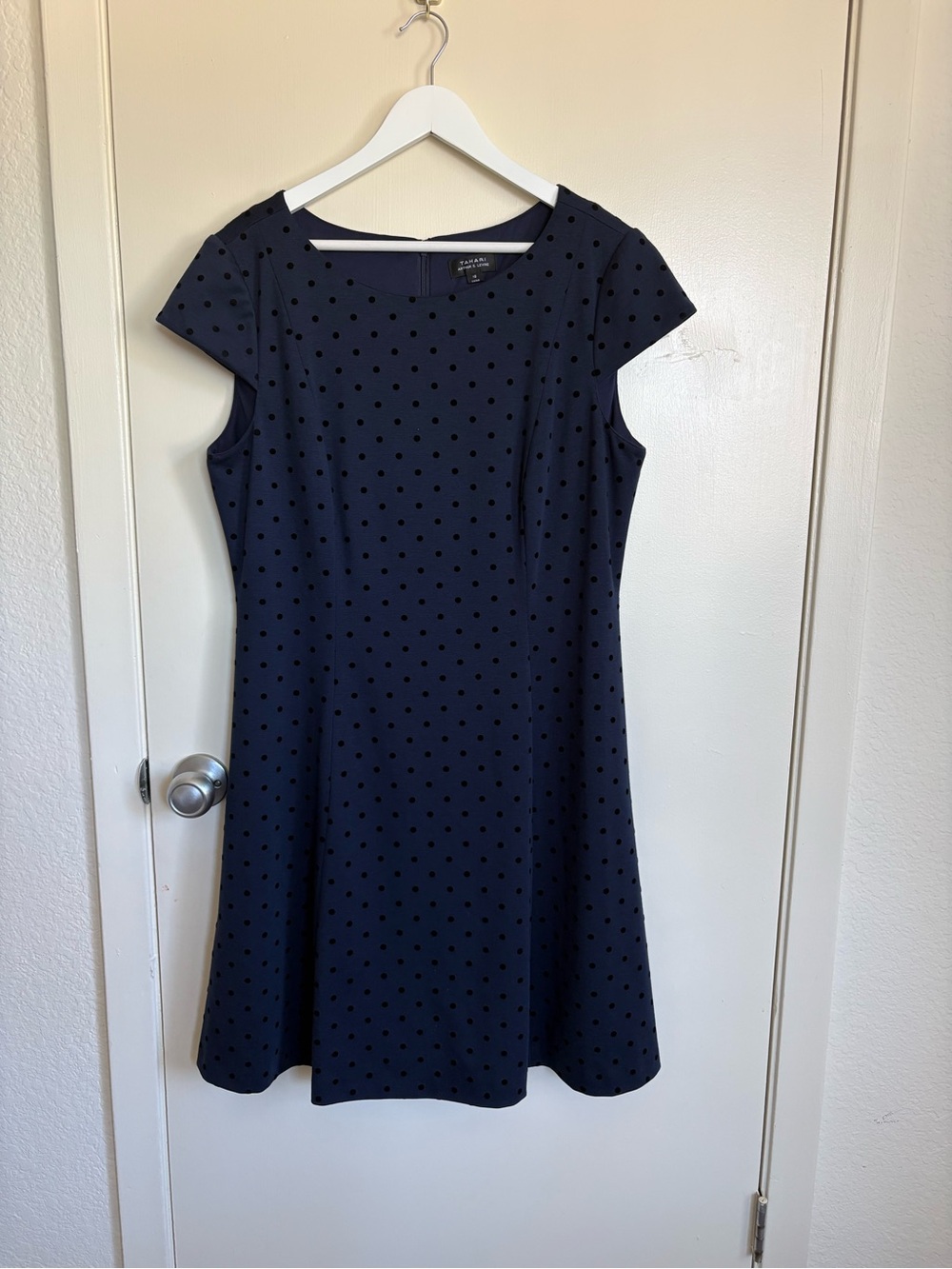 Tahari Navy A-Line Dress With Raised Black Polka Dots Size 16